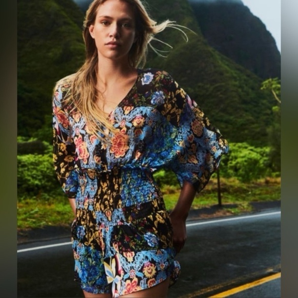 ZARA NEW Patchwork Print Jumpsuit Romper Blue Smocked Floral Flowy Boho Small XS